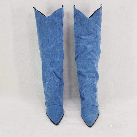 Rough Cut Denim Skirted Fold Over Country Western Knee High Cowgirl Boots - Picture 8 of 11